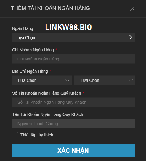 Thêm tài khoản ngân hàng trước khi rút tiền W88